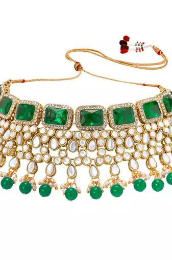 Women's green crystal choker necklace earring maang tikka bharatanatyam