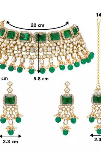 Women's green crystal choker necklace earring maang tikka bharatanatyam