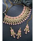 Women's pink kundan choker necklace dangle earring & maang tikka