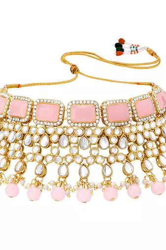 Women's pink kundan choker necklace dangle earring & maang tikka