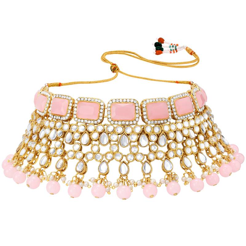 Women's pink kundan choker necklace dangle earring & maang tikka