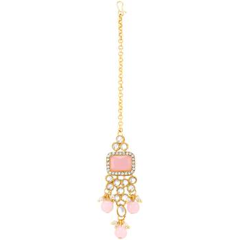 Women's pink kundan choker necklace dangle earring & maang tikka 3