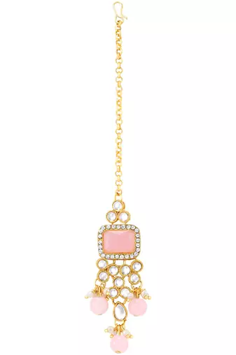 Women's pink kundan choker necklace dangle earring & maang tikka