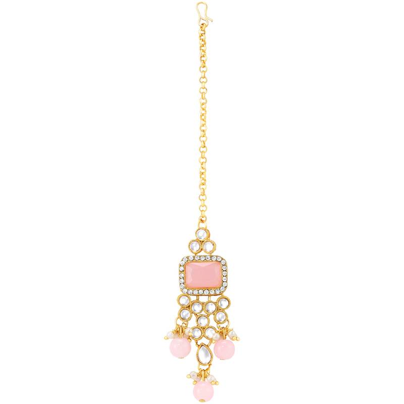 Women's pink kundan choker necklace dangle earring & maang tikka