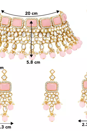 Women's pink kundan choker necklace dangle earring & maang tikka