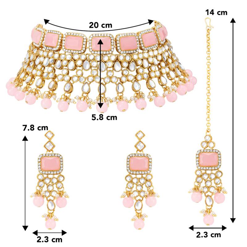 Women's pink kundan choker necklace dangle earring & maang tikka