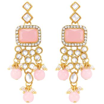Women's pink kundan choker necklace dangle earring & maang tikka 5