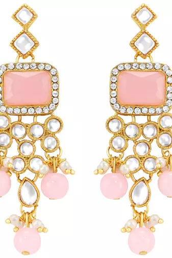 Women's pink kundan choker necklace dangle earring & maang tikka