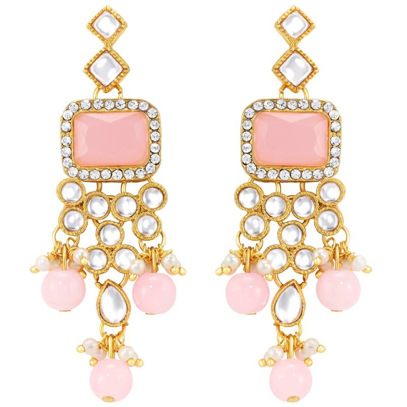 Women's pink kundan choker necklace dangle earring & maang tikka