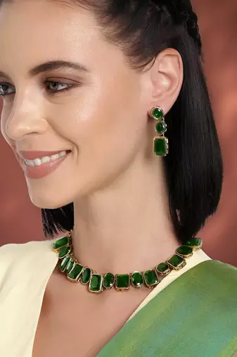 Wear square crystal necklace with drop earrings bharatanatyam jewelry