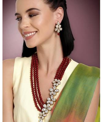Women's floral crystal pearl necklace with drop earrings jewelry set 1