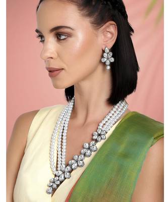 Silver plated crystals & beads studded necklace earrings set jewelry 1