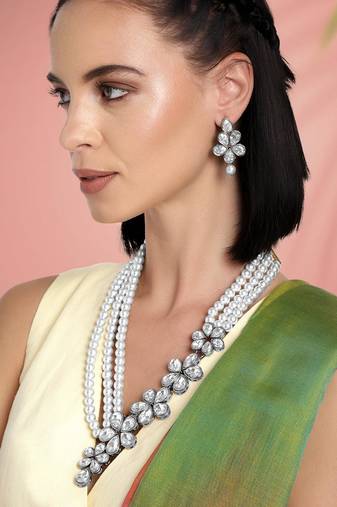 Silver plated crystals & beads studded necklace earrings set jewelry
