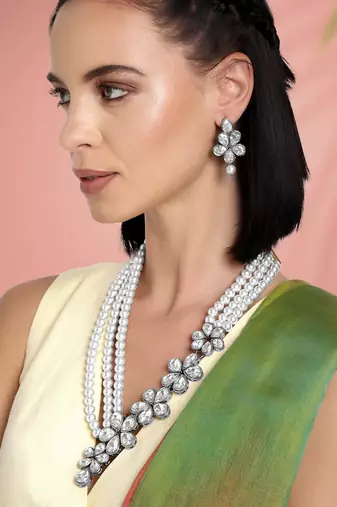Silver plated crystals & beads studded necklace earrings set jewelry