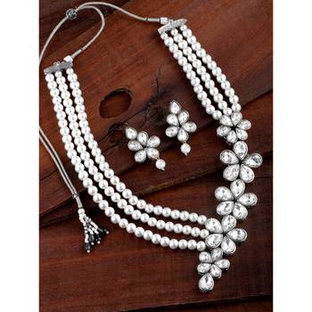 Silver plated crystals & beads studded necklace earrings set jewelry 2