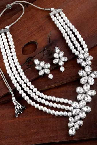 Silver plated crystals & beads studded necklace earrings set jewelry