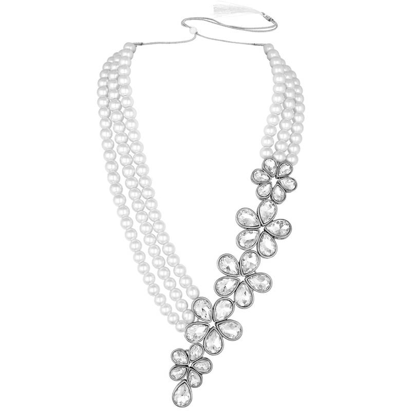 Silver plated crystals & beads studded necklace earrings set jewelry