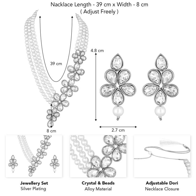 Silver plated crystals & beads studded necklace earrings set jewelry