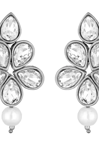 Silver plated crystals & beads studded necklace earrings set jewelry