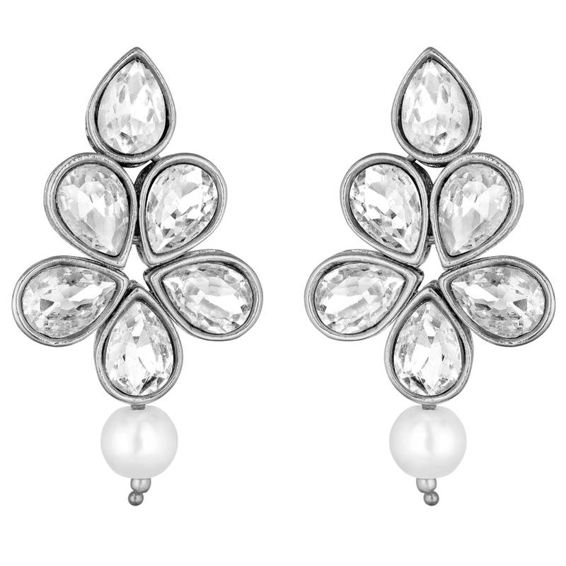 Silver plated crystals & beads studded necklace earrings set jewelry