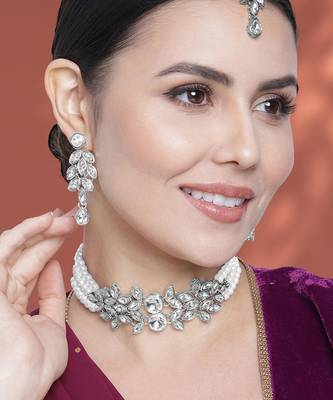 Silver plated crystal studded rhodium white necklace drop earrings 1