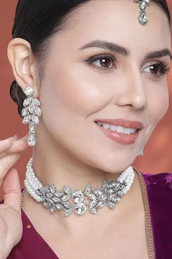 Silver plated crystal studded rhodium white necklace drop earrings