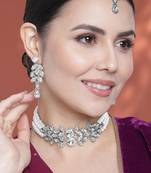 Silver plated crystal studded rhodium white necklace drop earrings