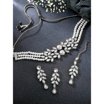 Silver plated crystal studded rhodium white necklace drop earrings 2