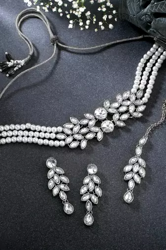 Silver plated crystal studded rhodium white necklace drop earrings