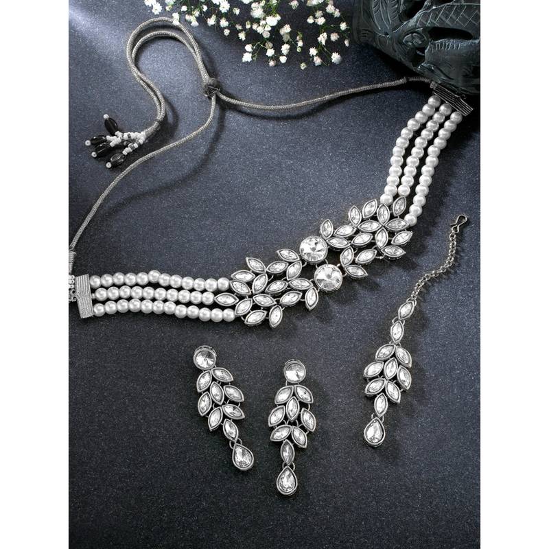 Silver plated crystal studded rhodium white necklace drop earrings