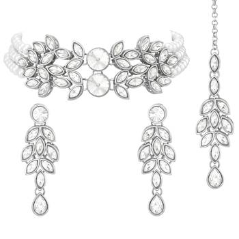 Silver plated crystal studded rhodium white necklace drop earrings 3