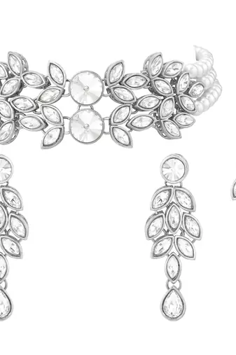 Silver plated crystal studded rhodium white necklace drop earrings