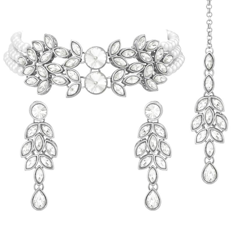 Silver plated crystal studded rhodium white necklace drop earrings