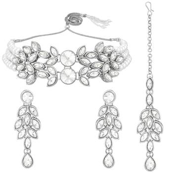 Silver plated crystal studded rhodium white necklace drop earrings 4