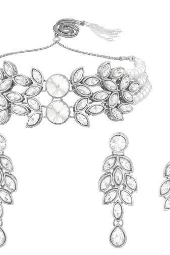 Silver plated crystal studded rhodium white necklace drop earrings