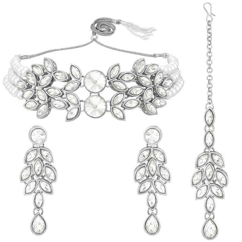 Silver plated crystal studded rhodium white necklace drop earrings