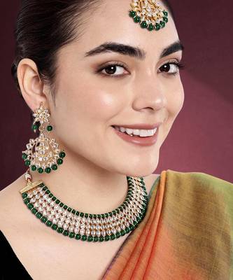 Women's faux kundan pearl necklace with earring maang tikka bharatanatyam 1