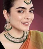 Women's faux kundan pearl necklace with earring maang tikka bharatanatyam