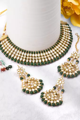 Women's faux kundan pearl necklace with earring maang tikka bharatanatyam