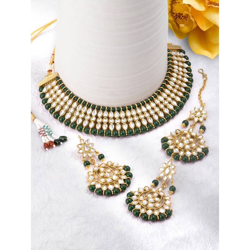 Women's faux kundan pearl necklace with earring maang tikka bharatanatyam