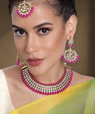 Women's faux kundan pearl necklace & earring maang tikka bharatanatyam 1