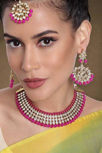 Women's faux kundan pearl necklace & earring maang tikka bharatanatyam