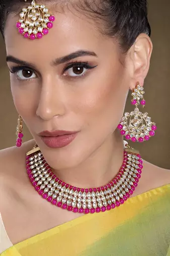 Women's faux kundan pearl necklace & earring maang tikka bharatanatyam