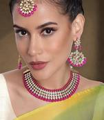 Women's faux kundan pearl necklace & earring maang tikka bharatanatyam