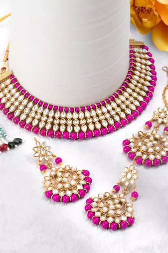 Women's faux kundan pearl necklace & earring maang tikka bharatanatyam