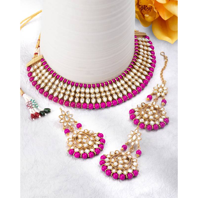 Women's faux kundan pearl necklace & earring maang tikka bharatanatyam