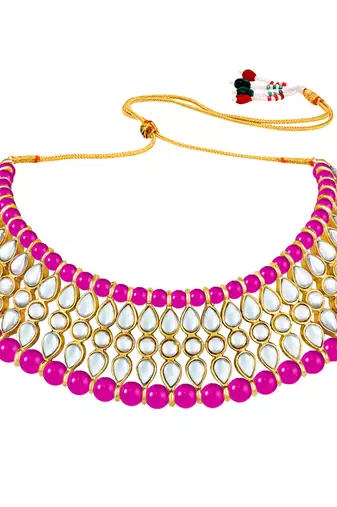 Women's faux kundan pearl necklace & earring maang tikka bharatanatyam