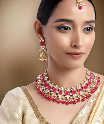 Women's rani pink kundan bharatanatyam jewelry pearl choker necklace set 1