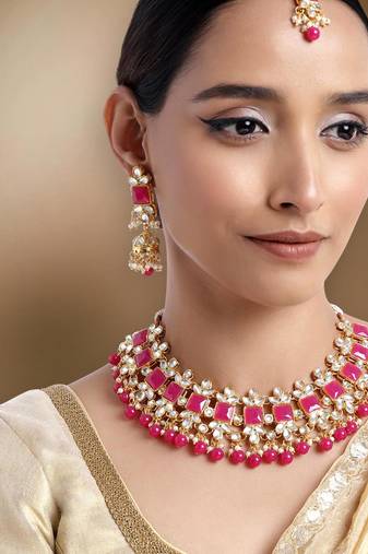 Women's rani pink kundan bharatanatyam jewelry pearl choker necklace set