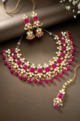 Women's rani pink kundan bharatanatyam jewelry pearl choker necklace set